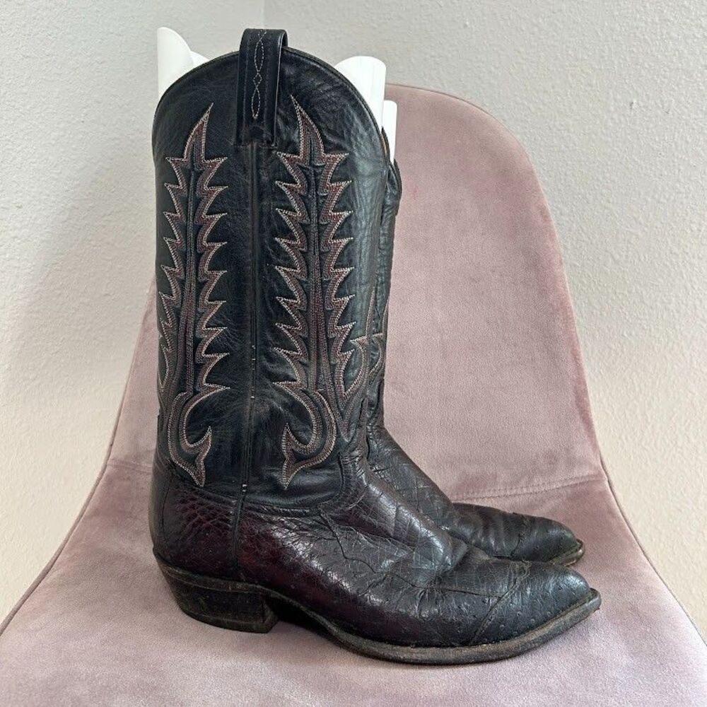 Vintage Men's Tony Lama Black Ostrich Leg Cowboy Boots J-Toe Size 9 Black Red